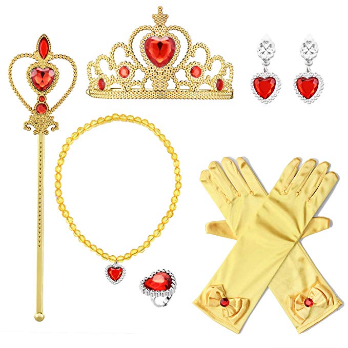 Eccoo House Princess Dress Up Accessories Gift Set for Belle Crown Scepter Necklace Earrings Ring Gloves Yellow 6 Pieces