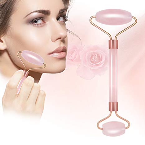 Rose Jade Roller for Face 100% Natural Quartz Anti-Aging Massage Roller wiith Gua SHA Scraping Massage Tool Set for Slimming Healing Rejuvenation & Beauty. (Pink)