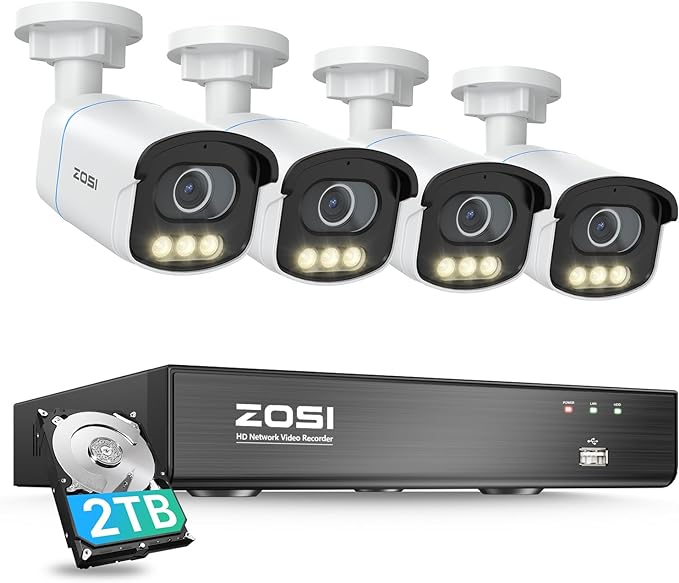 ZOSI 4K 8CH PoE Security Camera System, 4 X 5MP 3K Surveillance IP Camera, Aurora Lux True Color Night Vision, 1 X 8CH 8MP PoE NVR for 24/7 record, AI Human Vehicle Detect, Spotlight Siren, 2-Way Talk