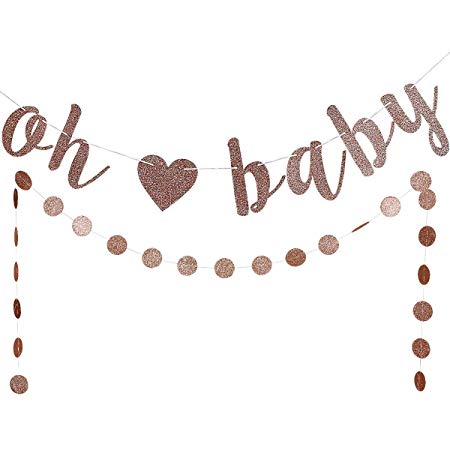Rose Gold Glittery Oh Baby Banners and Rose Gold Circle Dots Garland(25pcs Circle Dots) -Baby Shower Party Decoration Supplies