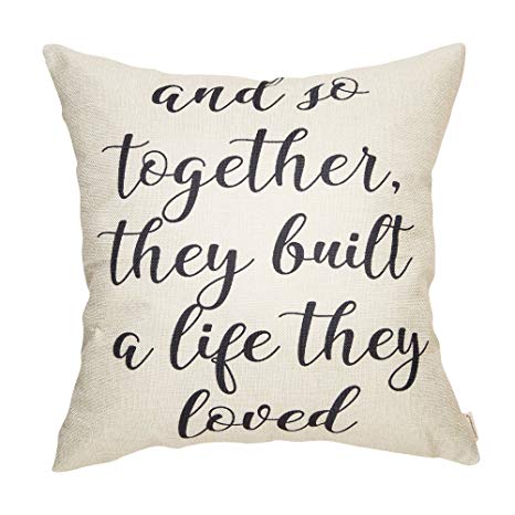 Fahrendom And So Together They Built a Life They Loved Farmhouse Style Sign Cotton Linen Home Decorative Throw Pillow Case Cushion Cover with Words for Sofa Couch, 18 x 18 In