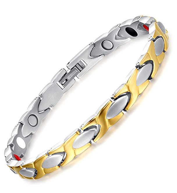 Womens "X" Titanium Healthy Magnetic Therapy Bracelet with Free Link Removal Tool,Gold Plated,