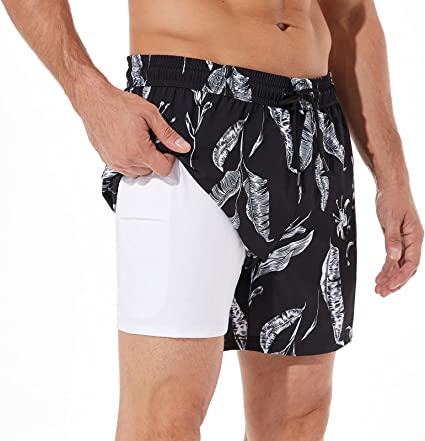 BRISIRA Swim Trunks Men Quick Dry Swim Shorts 5 inch Inseam Stretch Water Beach Shorts with Compression Liner Zipper Pocket