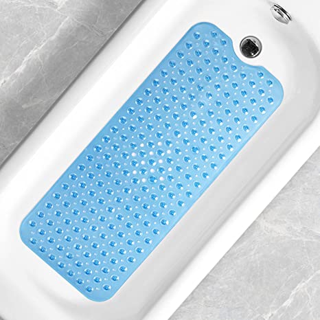 Titanker Nonslip Bathtub Mat, 40x16 Inches Large Bathroom Shower Mat for Bathroom with Suction Cups and Drain Holes, Non-Slip Bath Mat for Tub, Machine Washable, Easy Cleaning, Clear Blue