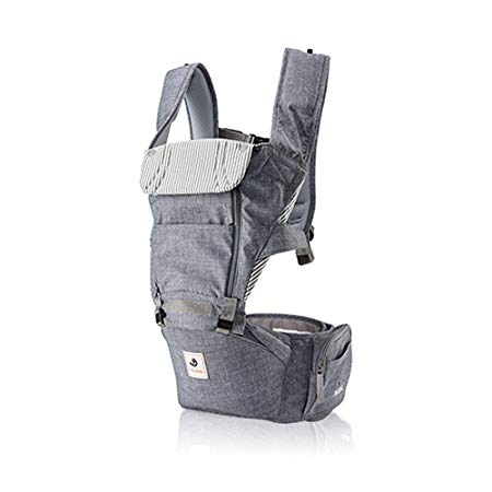 Pognae No 5 All New Outdoor Organic Baby Hipseat Front Backpack Carrier Ergonomic Design for Parents (Grey-Denim Style Melange)