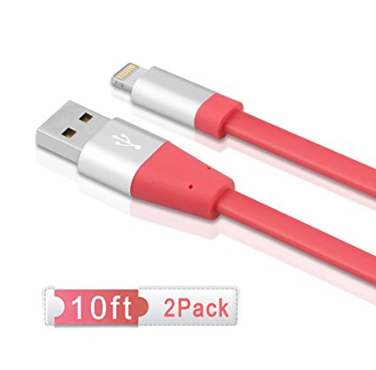 Unique Heavy Flat Charging Cable, Charger(TM)[2pcs 10ft]High Speed Data Transfer Cable For iPhone 6S 6S Plus 7 7 Plus iPhone 6 6 Plus iPhone SE iPhone 5S 5C 5 iPad Air Mini iPad 4th iPod (Red)