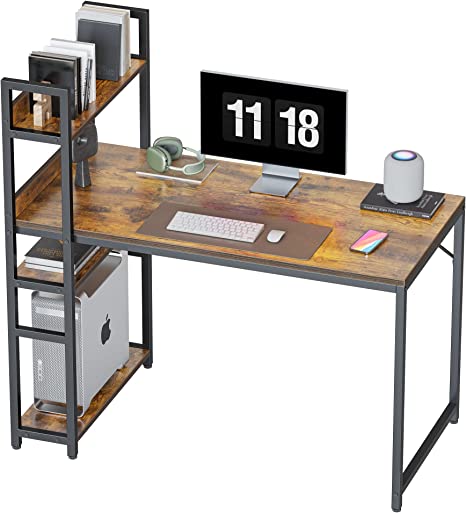 CubiCubi Computer Desk with 4 Tier Storage Shelves on Left or Right, 100x60x117 cm Study Writing Table with Bookshelf for Home Office, Modern Simple Style, Steel Frame, Rustic Brown