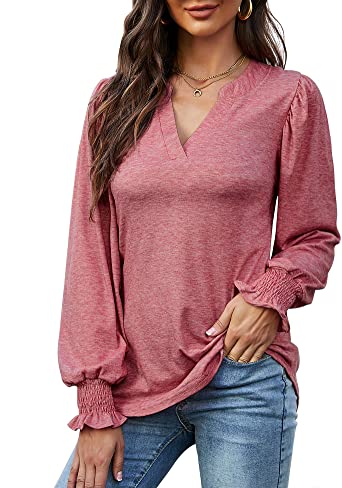 Avoogue Shirts Women Puff Long Sleeve T Shirts V Neck Casual Summer Tunic Tops Solid Color Loose Supersoft Blouse Top