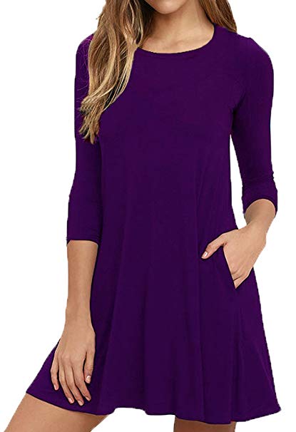 Viishow Womens Round Neck 3/4 Sleeves A-line Casual Tshirt Dress with Pocket
