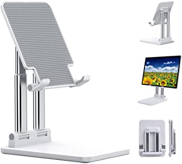 Tablet Stand Adjustable Height, Rosa Schleife Foldable Tablet Holder, Dual Tube Aluminum Solid Tablets Holder, Compatible with iPad, Kindle, Microsoft Surface, Tab, E-Reader, 4-15'' (White)