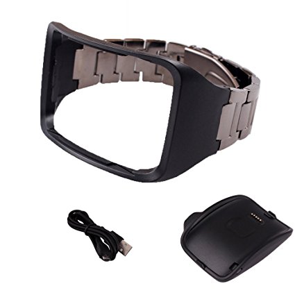 Holaca Wristband Replacement with Charger for SM-R750, Zinc Alloy & Genuine Leather & Charger Dock for Samsung Galaxy Gear S SM-R750