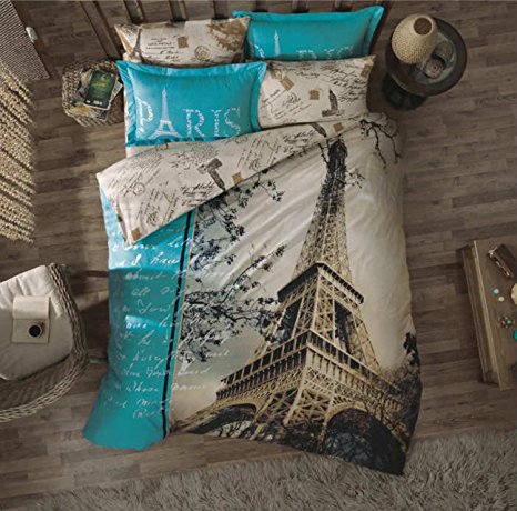 100% Turkish Cotton 4 Pcs!! Paris Eiffel Tower Theme Themed Full Double Queen Size Quilt Duvet Cover Set Bedding Made in Turkey