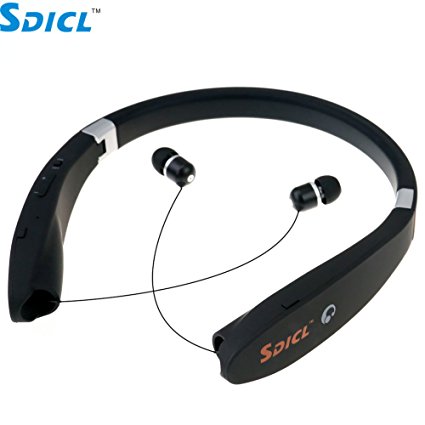 Bluetooth Headset, SDICL Wireless Stereo Headphones Neckband with Foldable and Retractable Earbuds (991 BLACK)