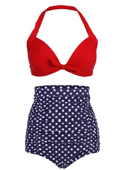 Cocoship Retro Red Leopard Polka Floral Print High Waist Bikini Swimsuits(FBA)