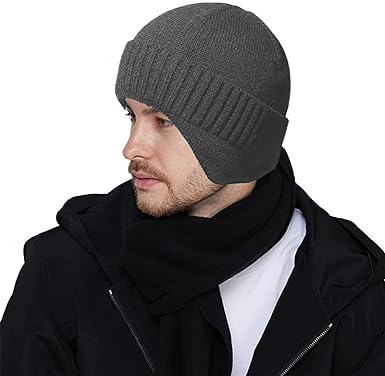 Muryobao Men's Knit Cuffed Beanie Warm Winter Fleece Lined Earflaps Hat Soft Acrylic Beanie Ski Skull Cap