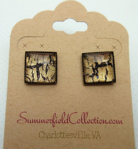 Antiqued Gold-Tone Black Shattered Glitter Glass Stud Earrings 1/2" Square