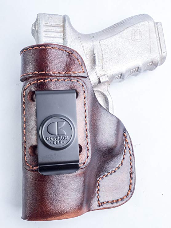 OutBags USA LS2G19 Full Grain Heavy Leather IWB Conceal Carry Gun Holster for Glock 19 G19 9mm / Glock 23 G23 .40 / Glock 32 G32 .357 / Glock 38 G38 .45GAP. Handcrafted in USA.