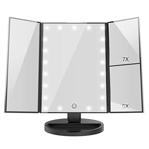 MayBeau Makeup Vanity Mirror with 7X/5X Magnification, Trifold Mirror with 21 LED lights, Touch Screen, 180 Degree Adjustable Rotation, Countertop Cosmetic Mirror, Dual Power Supply