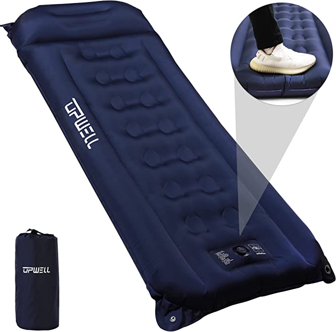 UPWELL Sleeping Pad for Camping, 6 Inch Thick Self Inflating Sleeping Mat with Pillow & Built in Foot Pump - Extra Wide Camping Mattress - Ultimate for Backpacking, Hiking, Traveling, Navy Blue