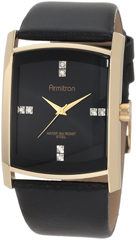 Armitron Men's 204604BKGPBK Swarovski Crystal Accented Gold-Tone Black Leather Strap Watch
