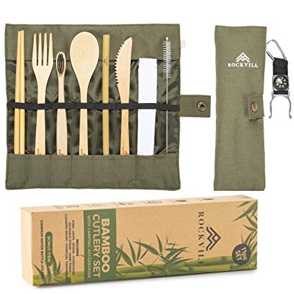 Bamboo Utensils Cutlery Set Reusable Cutlery Travel Set Eco-Friendly Wooden Silverware Camping Outdoor Portable Utensils with Case Bamboo Spoon, Fork, Knife, Chopsticks, Reusable Straw (Green)
