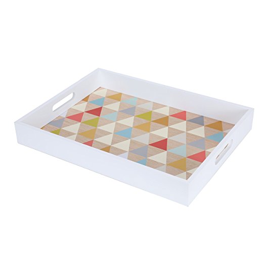 Blu Monaco Wood Serving Tray with Carrying Handles –White Border, Fun Multi Colorful, Triangle – Ample Organization and Great Style – Whimsical, Modern Design for the Home