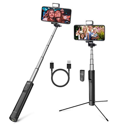 Selfie Stick, BlitzWolf 3 in 1 Mini Extendable Aluminum Bluetooth Selfie Stick Tripod with Wireless Remote and 3 Level Fill Light for iPhone XS MAX XR X 8 8 Plus 7 7 Plus 6 6S, Android Phones, Cameras