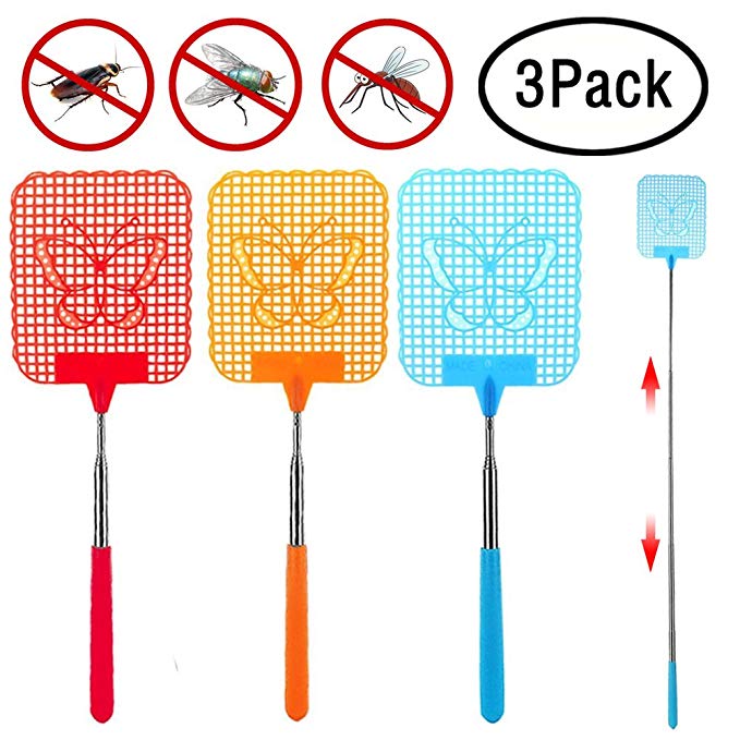 B.LeekS 3 Packs Fly Swatter, Portable and Durable Mosquito Zapper Bug Killer with Strong and Extendable Plastic Surface and Telescopic Handle - 3 Colors (red,Blue and Orange.)