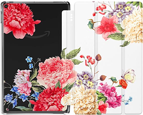 MoKo Case Fits All-New Fire HD 10 (7th Generation and 9th Generation, 2017 and 2019 Release), Smart Shell Stand Cover with Translucent Frosted Back for Fire HD 10.1 Inch - Flowers Blossom