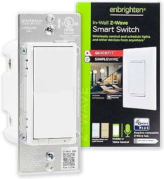 Enbrighten Z-Wave in-Wall Smart Light Switch with QuickFit™ and SimpleWire™, White and Almond Paddles, Works with Google Assistant, Alexa, & SmartThings, Z-Wave Hub Required, Smart Home, 58433