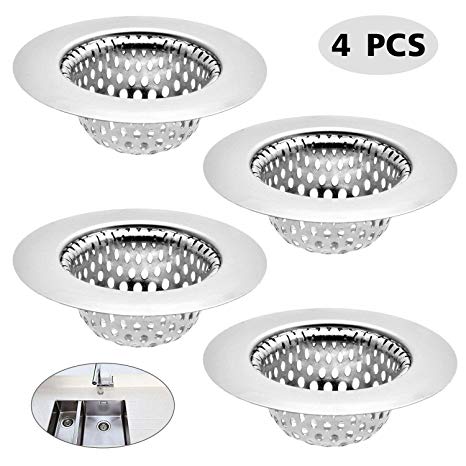 4 Pack - 2.25 Inch Top / 1 Inch Basket Stainless Steel Bathroom Sink, Utility, Slop, Kitchen and Lavatory Sink Drain Strainer Hair Catcher