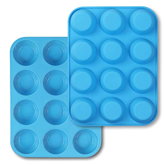 homEdge 12-Cup Silicone Muffin Pan, Pack of 2 Non-Stick Muffin Molds, Baking Pan for Cupcake, Tarts, Egg Bites-Blue