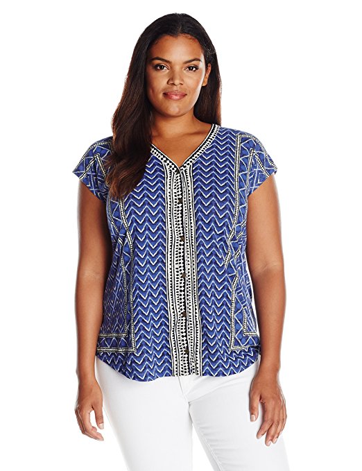 Lucky Brand Women's Plus Size Printed Button Front Top, Blue Multi, 3X