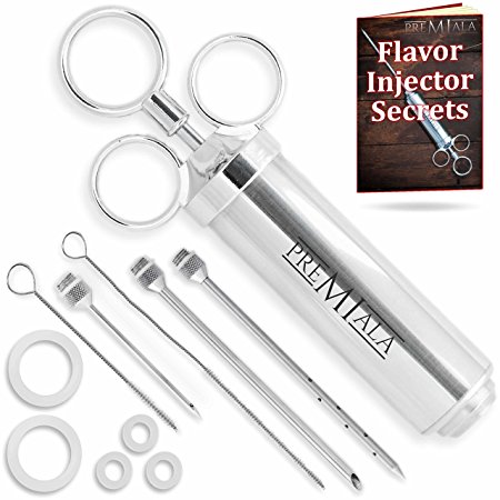 Premiala The Only Meat Injector in 304 Stainless Steel for All Food-Facing Parts  3 needles  4 Spare O-rings  eBook! 60ml 2oz Professional Marinade Flavour Food Syringe Kit for Beef Chicken Turkey!