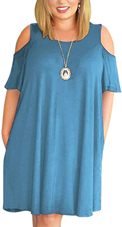 Nemidor Women's Cold Shoulder Plus Size Casual T-Shirt Swing Dress with Pockets