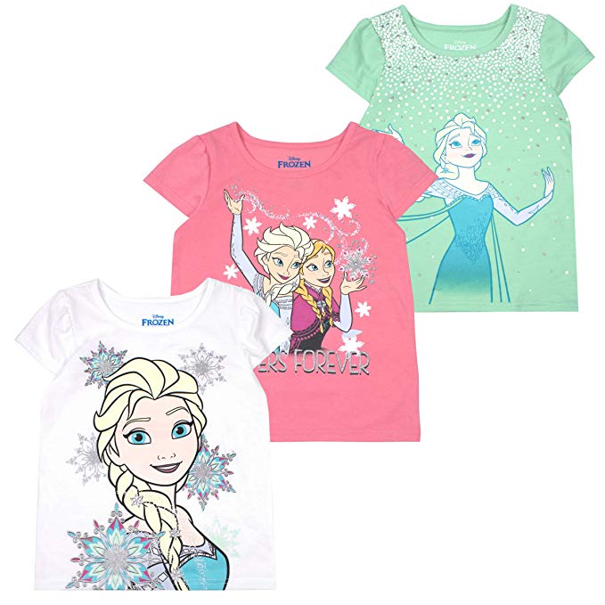 Frozen Disney Elsa and Anna Toddler and Little Girls' Short Sleeve T-Shirt (Pack of 3)