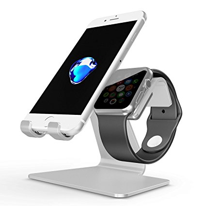 [Updated Solid Version] OMOTON 2 in 1 Universal Desktop Cell Phone Stand and Apple Watch Stand, Advanced 4mm Thickness Aluminum Stand Holder for iPhone and Apple Watch (Both 38mm & 42mm) (Silver)