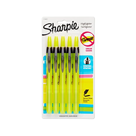 Sharpie Accent Retractable Highlighter, Chisel Tip, Fluorescent Yellow, 5-Count