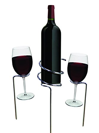Basily Wine Stake Set - holds your wine and glasses in the ground, prevents from spilling and breaking, Stainless Steel