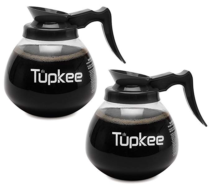 Tupkee Glass Replacement Coffee Pot - SHATTER-RESISTANT Commercial Restaurant Decanter Carafe - 64 oz 12 Cup, 2 Black Handle, Set of 2, Compatible with Wilbur Curtis, Bloomfield, Bunn Coffee Pot