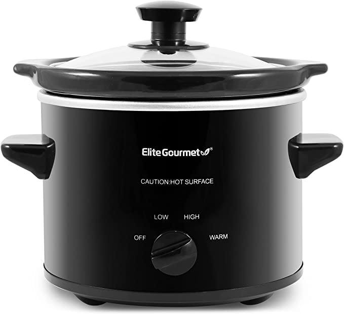 Elite Gourmet MST239X Dishwasher-Safe Glass Lid & Ceramic Pot Electric Slow Cooker, Adjustable Temp, Entrees, Sauces, Stews and Dips, 2 Qt Capacity, Black