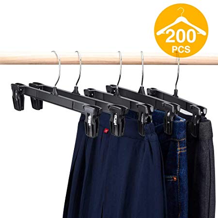 HOUSE DAY Pants Hangers 200 Pcs 12inch Black Plastic Skirt Hangers with Non-Slip Big Clips and 360 Swivel Hook, Durable Sturdy Plastic, Space-Saving Shape, Elegant for Closet Organizing