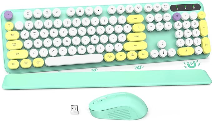 Wireless Keyboard and Mouse Combo - Pink Retro Keyboard with Round Keycaps, Full-Size Typewriter Keyboard with Detachable Wrist Rest, 2.4GHz Connection for Mac/Windows/PC (Green-Colorful)