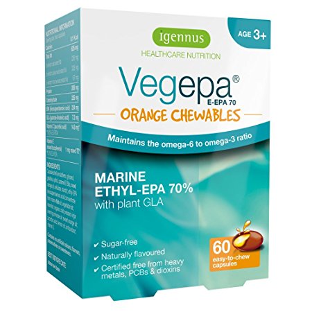 Vegepa Orange Chewables Omega-3 & Omega-6 Fish Oil with Vitamin C for children, high EPA formula, orange flavor, for learning, attention & concentration - 60 capsules