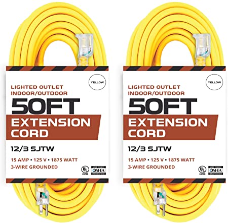 2 Pack of 50 Ft Outdoor Extension Cords - 12/3 SJTW Heavy Duty Yellow 3 Prong Extension Cable - Great for Garden and Major Appliances