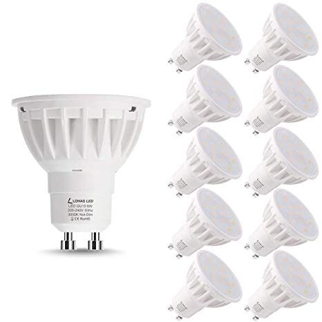GU10 LED Light Bulbs, LED Spot Bulbs, 500LM, LED GU10 6W LOHAS, 3000K Warm White, 50W Halogen Bulb Equivalent, 120 Degree Beam Angle, Non Dimmable, 10 Pack