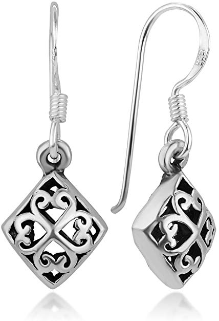 925 Sterling Silver Puffed Square Celtic Four Leaf Clover Heart-Shaped Dangle Hook Earrings