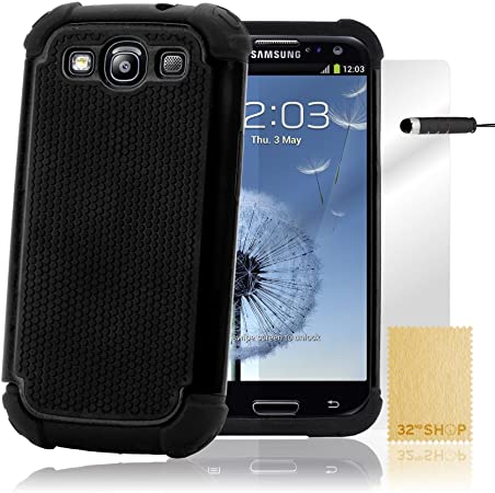 32nd ShockProof Series - Dual-Layer Shock and Kids Proof Case Cover for Samsung Galaxy S3, Heavy Duty Defender Style Case - Black