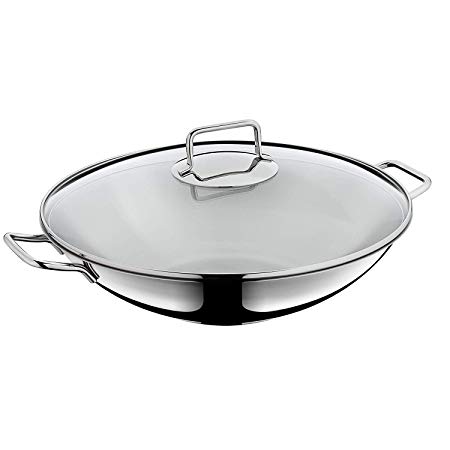 WMF Macau Wok Set, 2 Piece, Polished, Uncoated, Suitable for Induction Cookers Dishwasher Safe Stir Fry Pan with Glass Lid, Cromargan Stainless Steel, Diameter 36 cm