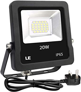 LE 20W Plug in LED Floodlight, Daylight White 5000K, 1600 Lumen Outdoor Security Light, Replace 200W Halogen Light, IP65 Waterproof Garden Light for Garage, Hotel, Yard and More